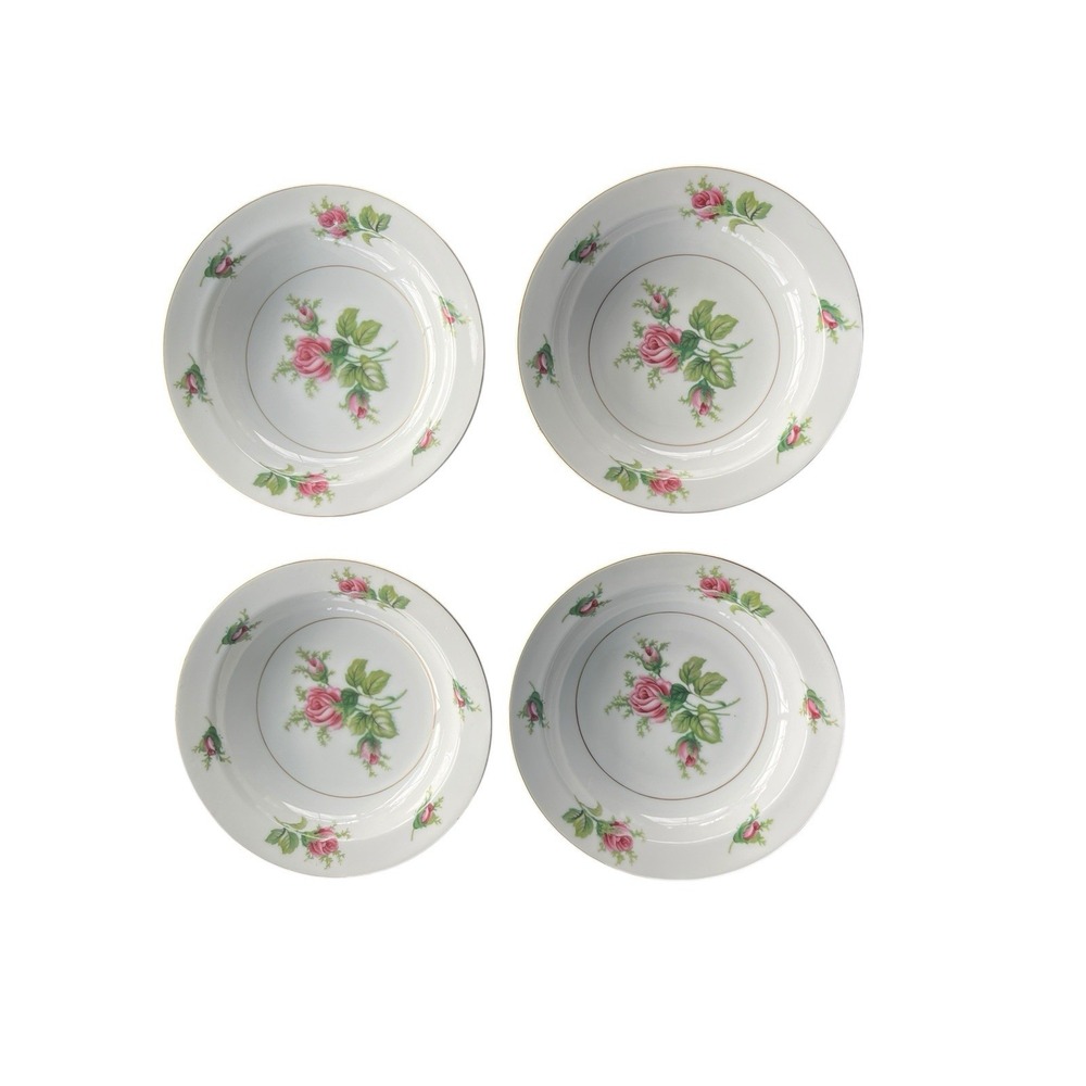 Vtg Kyoto Roseverte Fine China Rimmed Soup Bowls Pink Roses Gold Japan Victorian